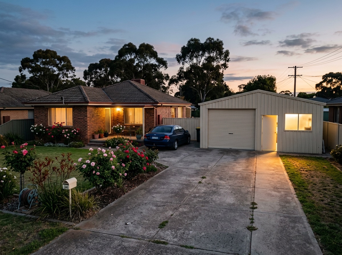 Suburban Canberra home at dusk with detached colorbond shed across a concrete driveway, both buildings lit, rose garden along the driveway edge.